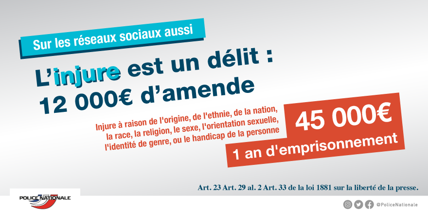 PoliceNationale's tweet photo. [RAPPEL] C’est plus facile devant un écran mais tout aussi grave : en insultant sur les réseaux sociaux, vous vous exposez à des sanctions pénales. Alors pesez vos mots pour ne pas être rattrapé par la réalité ! https://t.co/6CQV9SgbWB