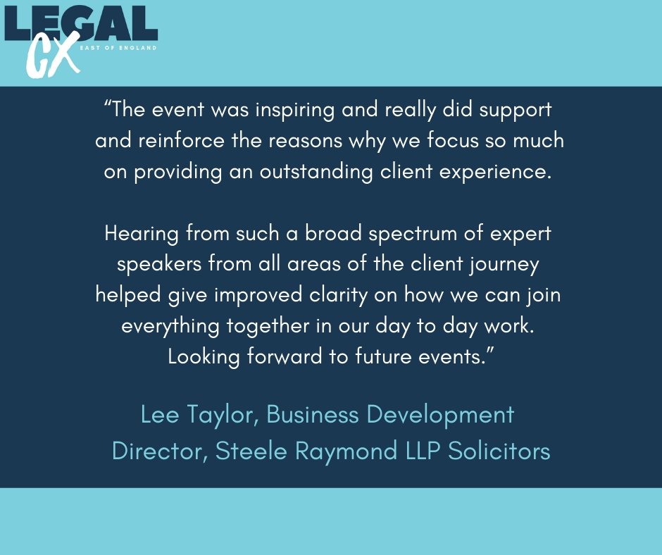 This testimonial from last year's event summarises why we believe all regional law firms should focus on CX. And you can start by attending the #LegalCX East of England event on 8th May 2019. Get your tickets here.

<a href="/insight6CX/">insight6</a> <a href="/FindGetGrow/">Find.Get.Grow</a> <a href="/TM_Property/">tmconvey</a> ow.ly/xE5R30opfWm