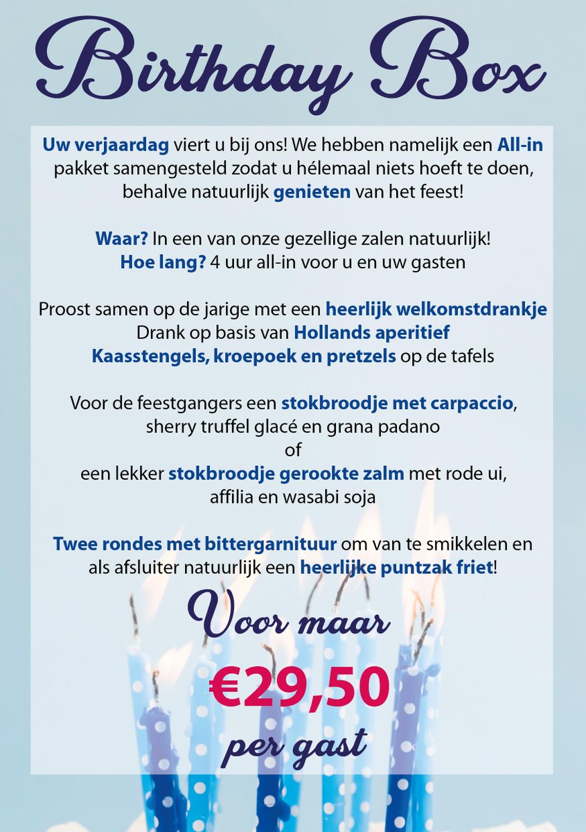 Gezellig je verjaardag vieren, maar geen zin om zelf alles te regelen? Boek dan onze #BirthdayBox!

Ben jij degene die als eerste dit pakket voor zijn / haar feest (vanaf 25 personen) boekt? Dan krijg je hier een gratis overnachting bij met een ontbijt op bed!

📞 0493 – 681 300
