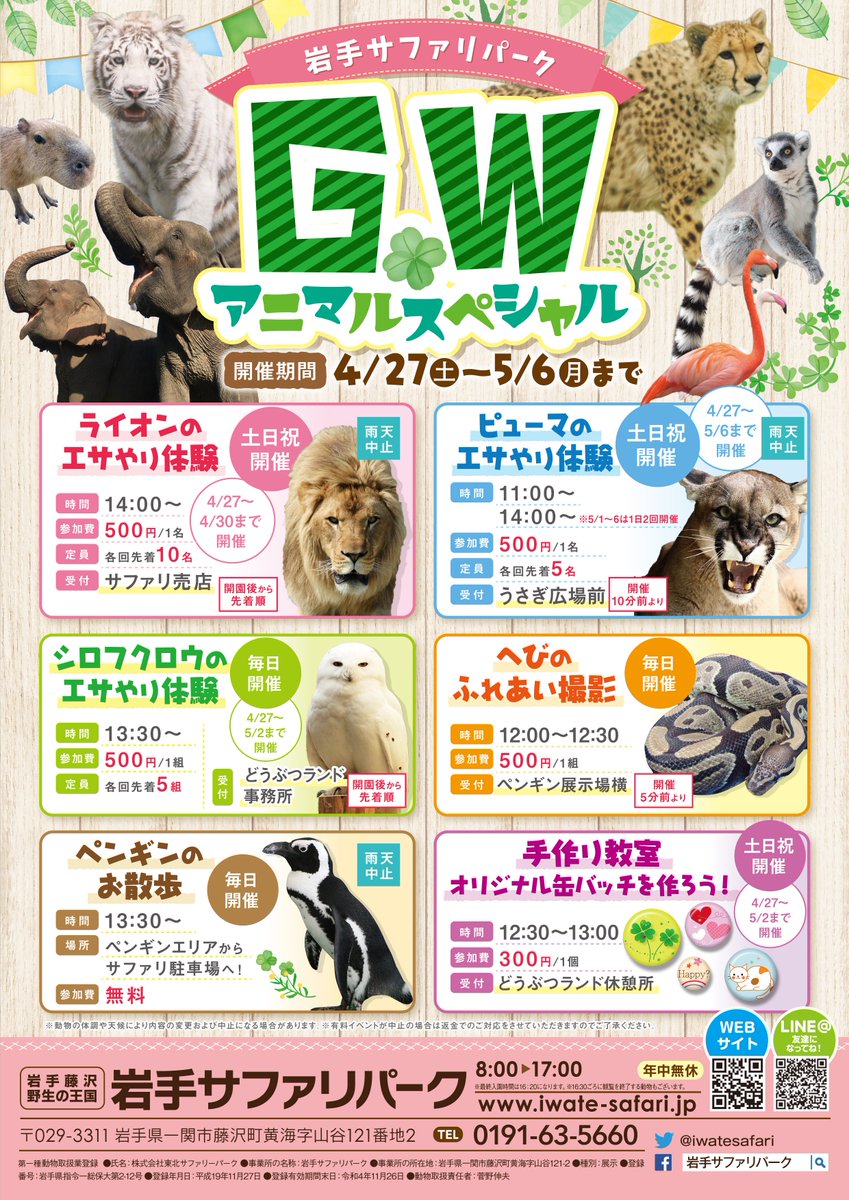 岩手サファリパーク Gwイベント いよいよ 超大型連休ですね 岩手サファリパークでは 4月27日 土 から5月6日 月 の期間中 Gwアニマルスペシャル を 開催します 皆様のご来園をお待ちしております 連休中は大変混雑が予想されますので