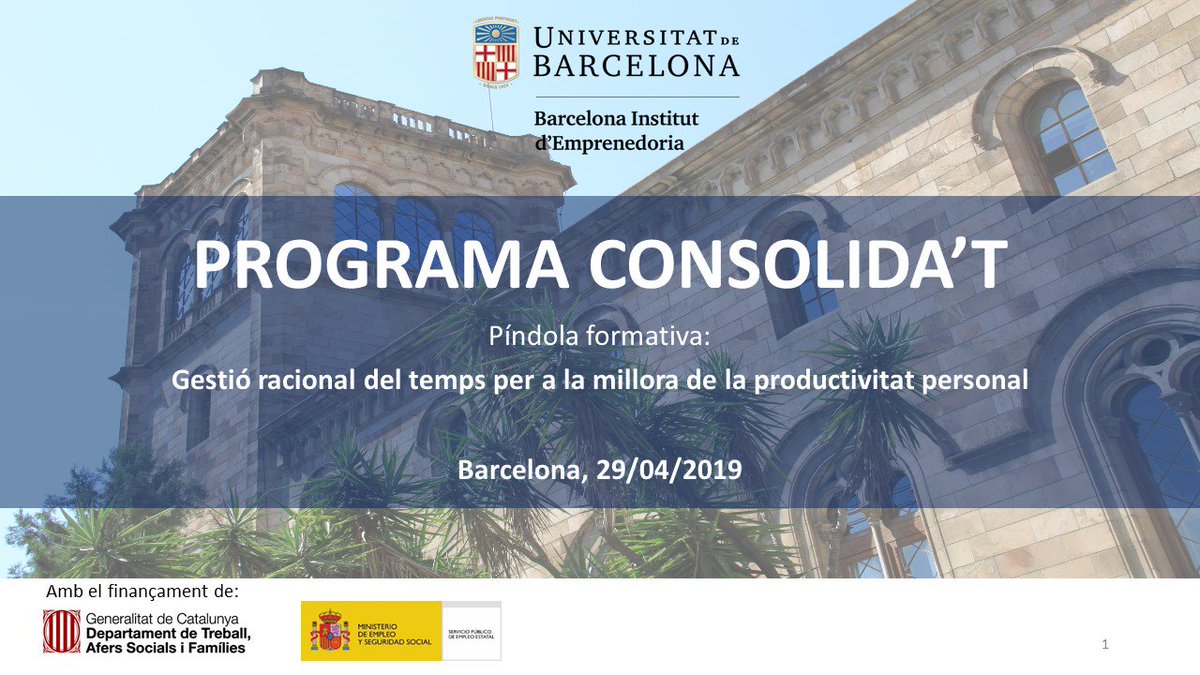 El próximo lunes 29 de abril de 2019 impartiré el curso 
"Gestión racional del tiempo para la mejora de la productividad personal", dirigido a autónomos, organiza @emprenUB  
Tiempo y formación, factores claves de la <a href="/ReformaHoraria/">Reforma Horària</a>

Más información en goo.gl/fb/UnuKpK