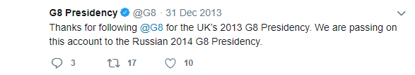 Last Tweet of the @G8 Twitter account on December 31, 2013