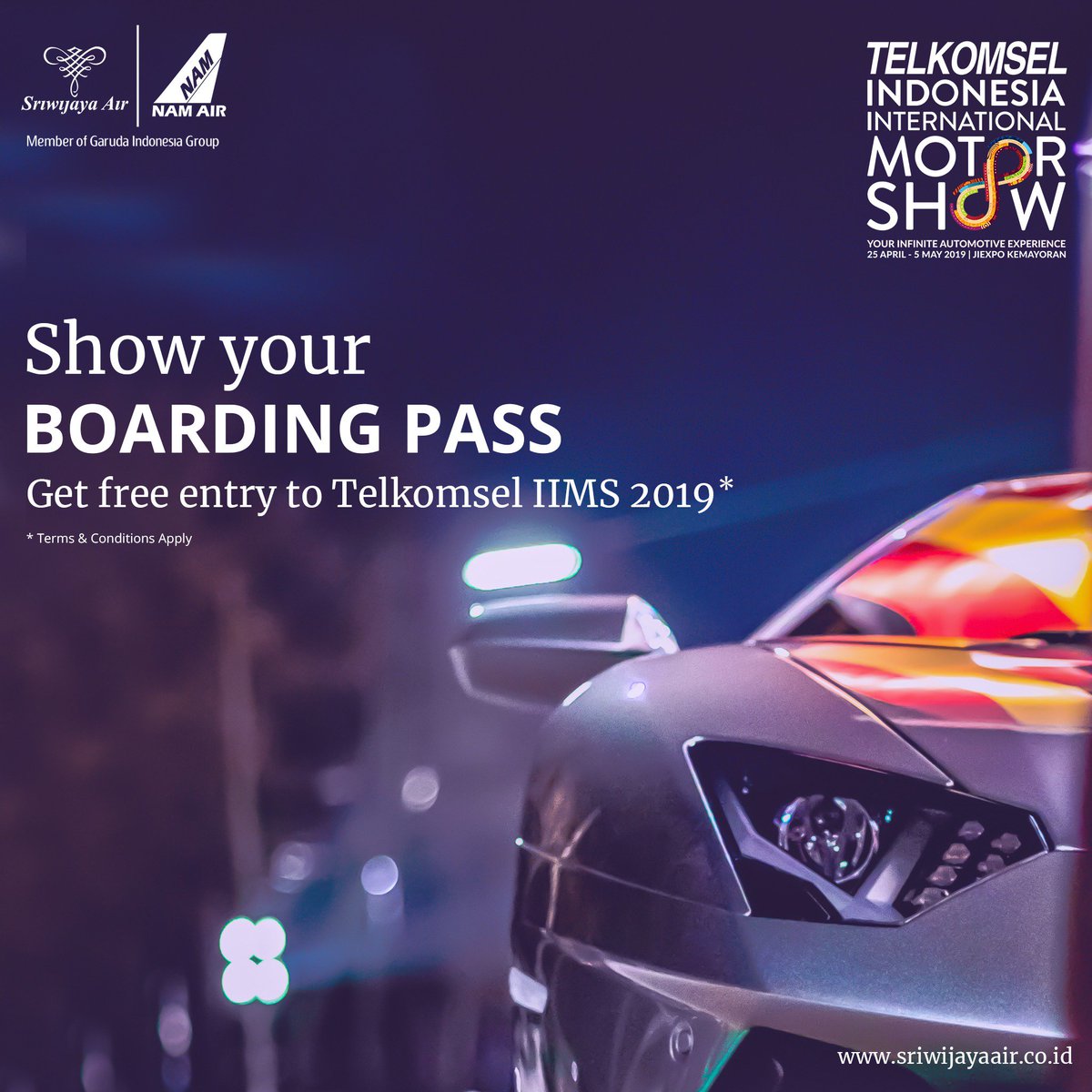 Hey, para pecinta otomotif. Jangan buang boarding pass-mu ya. 
Kamu bisa mendapatkan tiket masuk gratis ke Telkomsel Indonesia International Motor Show di tanggal 29 April - 2 Mei 2019

#SriwijayaAir #NAMAir #TelkomselIMS2019 #IIMS2019