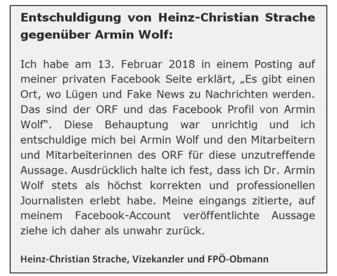 ArminWolf's tweet photo. Da es momentan ja etwas, sagen wir, originelle Kommentare mancher FPÖ-Funktionäre  über mich gibt, sollte man vielleicht kurz an diese Erklärung des Parteichefs und Vizekanzlers erinnern: https://t.co/9UKl7KwUbo