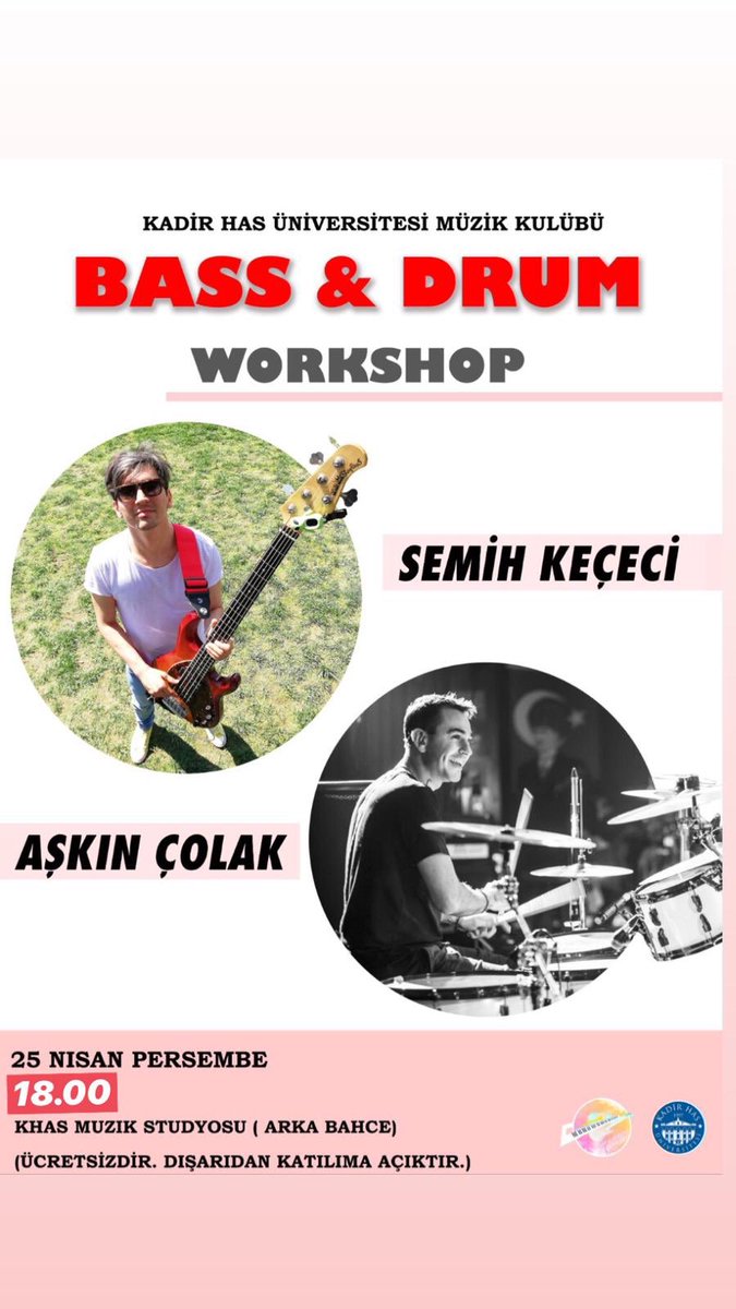 Bugün 18.00’da Müzik Stüdyosu’nda gerçekleştireceğimiz Bass&amp;Drum Workshop etkinliğine herkesi bekliyoruz. Etkinlikte görüşmek üzere! 🥁🎸<a href="/khasedutr/">Kadir Has Üniversitesi</a> <a href="/SondanFeyiz/">Prof. Dr. Sondan Durukanoglu Feyiz</a>