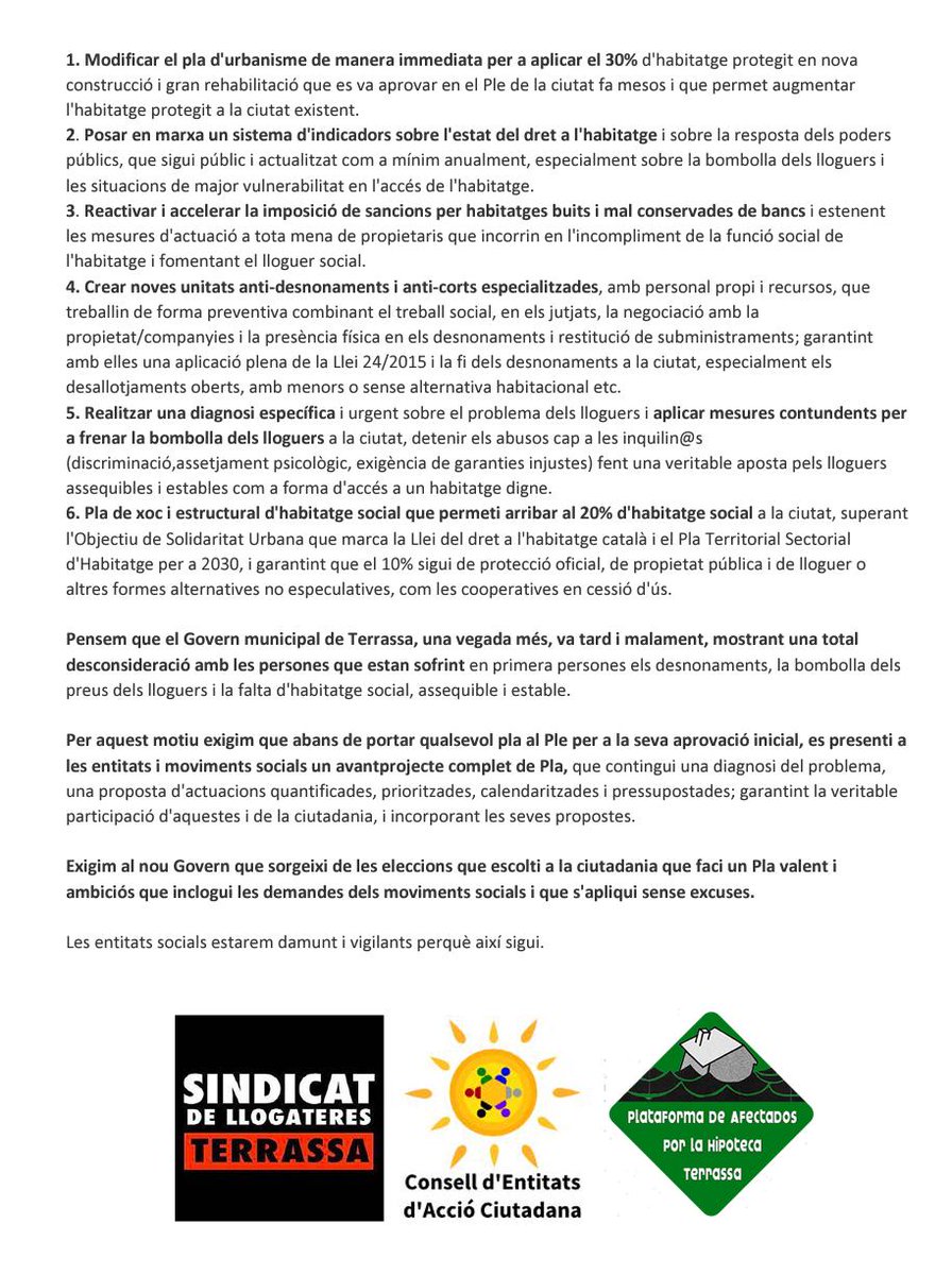 📢Avui @SLlogatersTRS <a href="/PAH_Trs/">PAH Terrassa</a> i <a href="/conselltrs/">Consell Entitats TRS</a> hem valorat en una roda de premsa el procés d'elaboració del Pla Local d'Habitatge de l'<a href="/ajterrassa/">Ajuntament de Terrassa</a> i les nostres propostes de mínims pel dret a un habitatge digne a #Terrassa. En prendan nota els partits? Aquí el comunicat 👇