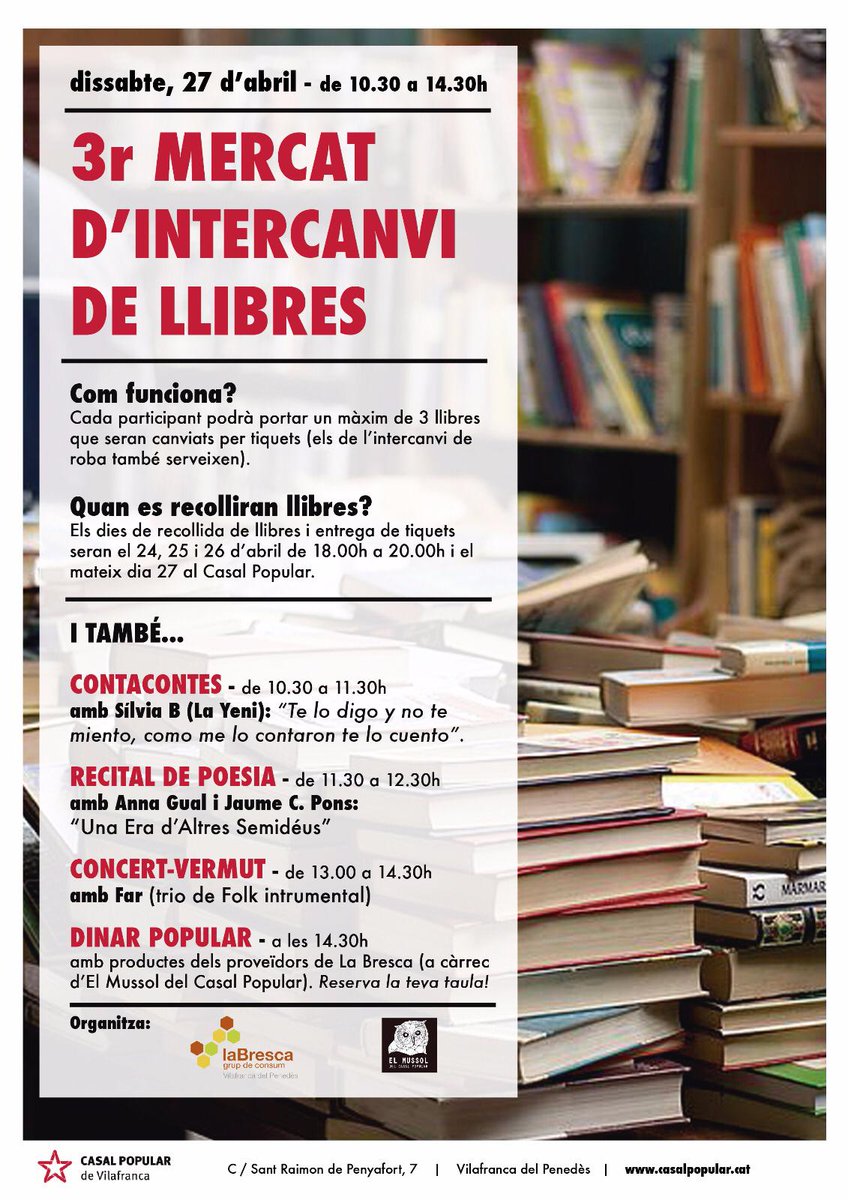 Llegir ens fa lliures!
3r Mercat d'intercanvi de llibres amb moltes activitats més! Vine aquest dissabte 27 @CPdeVilafranca i troba el teu llibre!