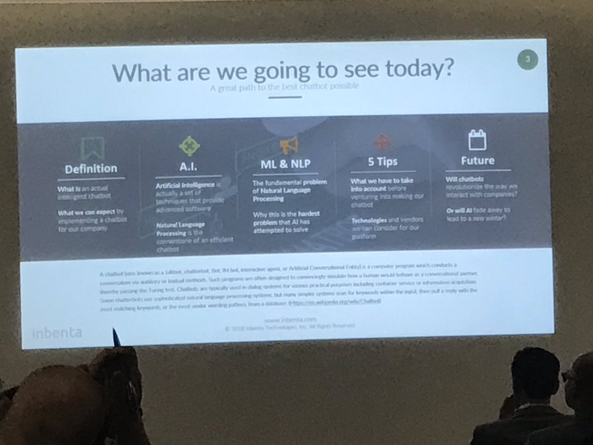 Inbenta_NE's tweet photo. We zijn begonnen met onze breakoutsessie. Andere keuze gemaakt en toch graag onze presentatie ontvangen. Laat het even weten bij onze stand op #chatbot19! https://t.co/ryntRllqBc