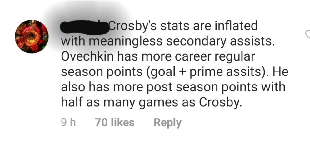 HeyBarber's tweet photo. This is exactly how misinformation spreads.
Ovechkin has less regular season points despite playing nearly 150 more games.
Playoffs..
Ovechkin: 126pts in 128GP. Crosby: 186pts in 164 GP.
Not sure what is worse, the comment or the fact 70 people liked it ๐ #InternetExperts https://t.co/oGhdqqVmbC