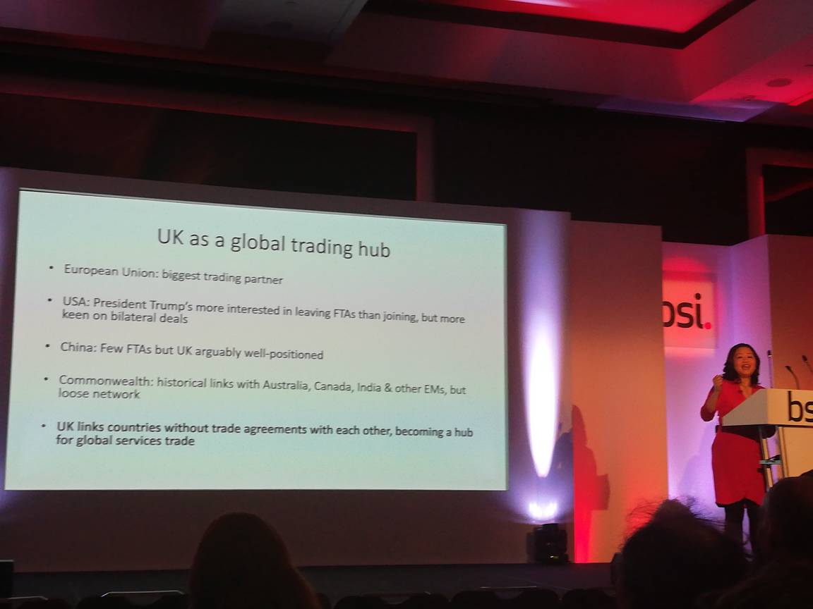 techUK's tweet photo. Can the UK be a global trading hub after Brexit? @lindayueh says there are no free trade agreements between the EU, China &amp; USA so the UK is very well positioned to become a trade hub if it has bilateral #FTAs with nations/blocs  that don't have agreements themselves. #BSIConf19 https://t.co/3UlIRBIrKy