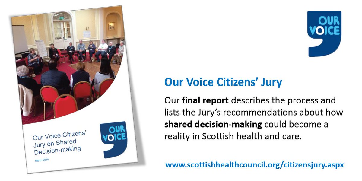 HISengage's tweet image. Find out more about the @OurVoiceScot Citizens' Jury, and it 13 recommendations for how shared decision-making can support #RealisticMedicine in Scotland, on our website.

➡️scottishhealthcouncil.org/citizensjury.a…