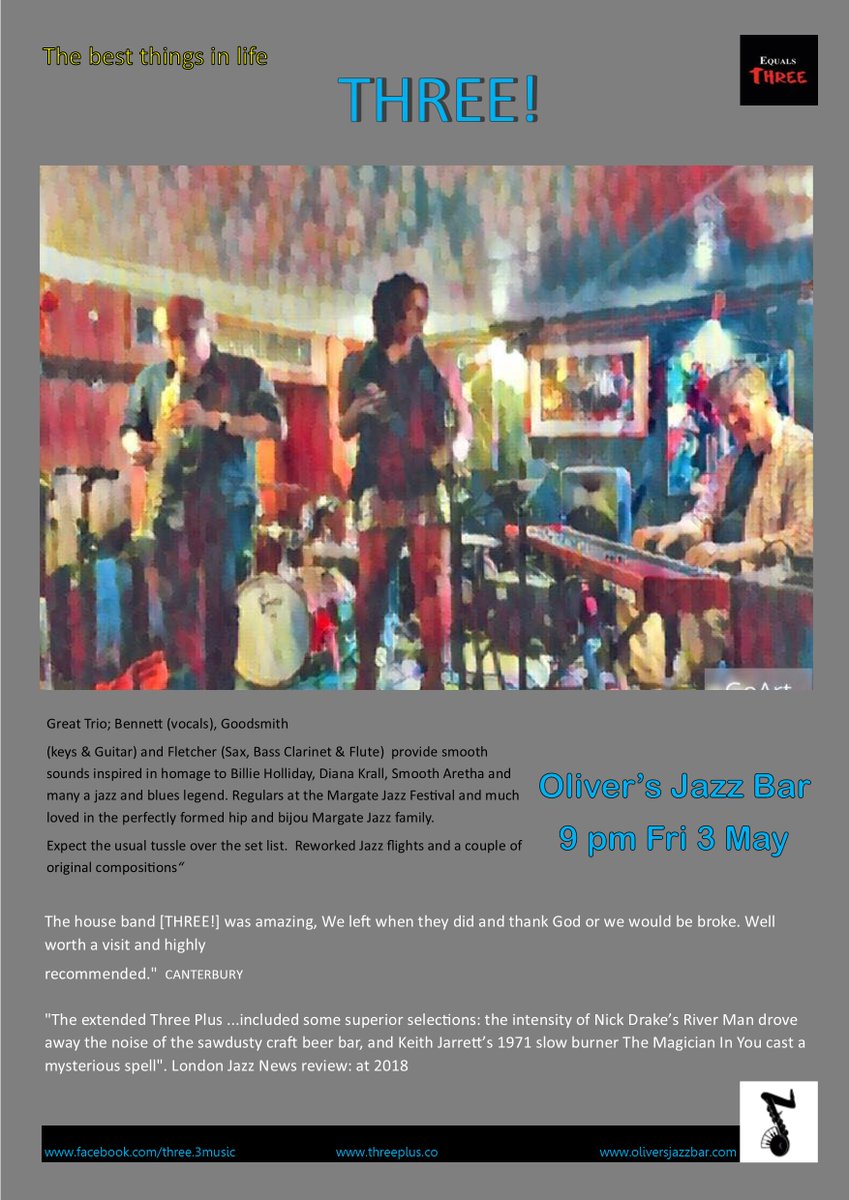 THREE_3music's tweet image. We THREE! are back in London Jazzin' at @jazzoliversbar  on Friday 3rd May. 

Advance tickets tinyurl.com/0305THREE 

£7

@LondonJazz @BBCRadioKentAG  @bigLondonevents @GreenwichDiary  @blackheathbugle #jazz #greenwich #03052019