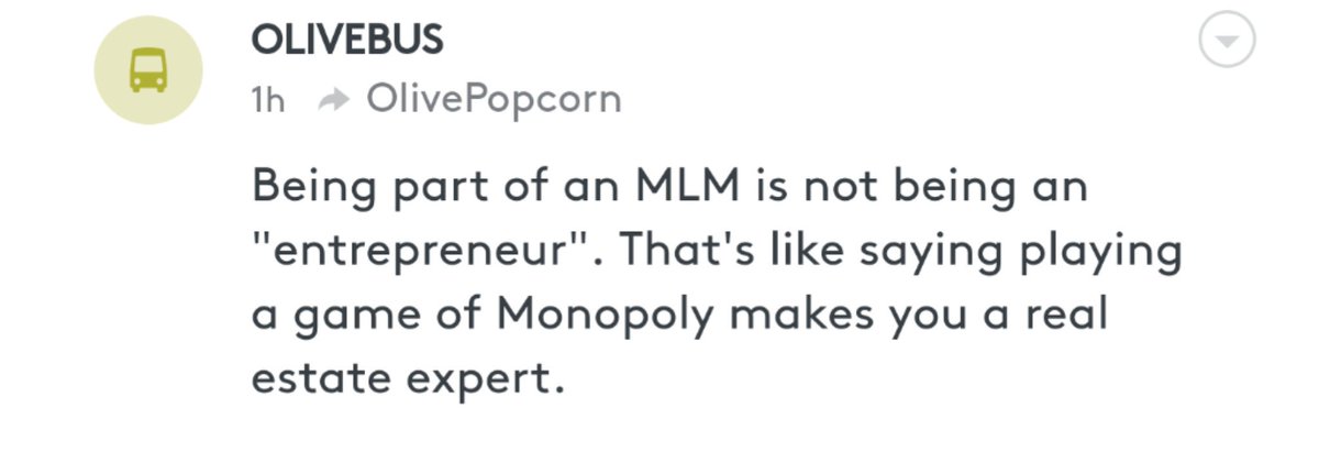 ElleBeauBlog's tweet photo. Follower submission.

"Being part of an MLM is not being an 'entrepreneur'. That's like saying playing a game of Monopoly makes you a real estate expert."

#AntiMLMmovement https://t.co/XFlOgkKW9T