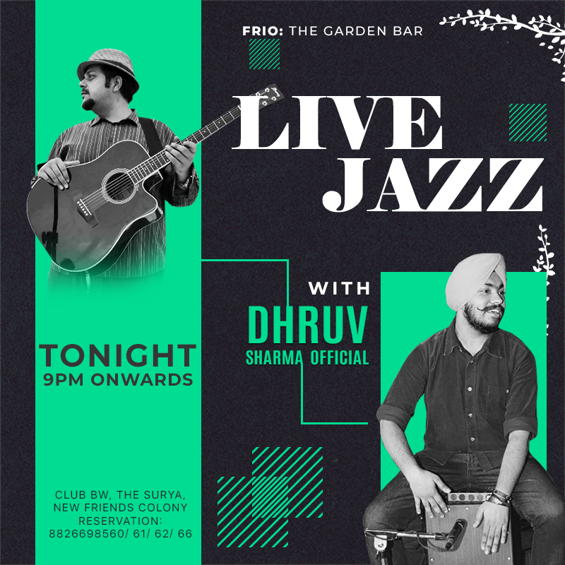 We present to you a Live music session at Frio- The Garden Bar ft. Dhruv Sharma Official to journey you through a lively jazz session in a calm atmosphere and light up your souls tonight.
Don’t miss out on joining us tonight.