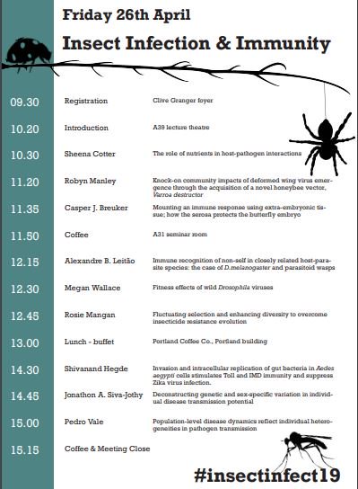 Interesting programme for our #insectinfect19 meeting this week <a href="/ArachNotts/">Nottingham SpiderLab</a> with invited talks from Lucy Weinert @julienisking &amp; Sheena Cotter <a href="/sheborg/">Dr. Sheena Cotter</a> #insect #endosymbiont #infection #immunity #entomology