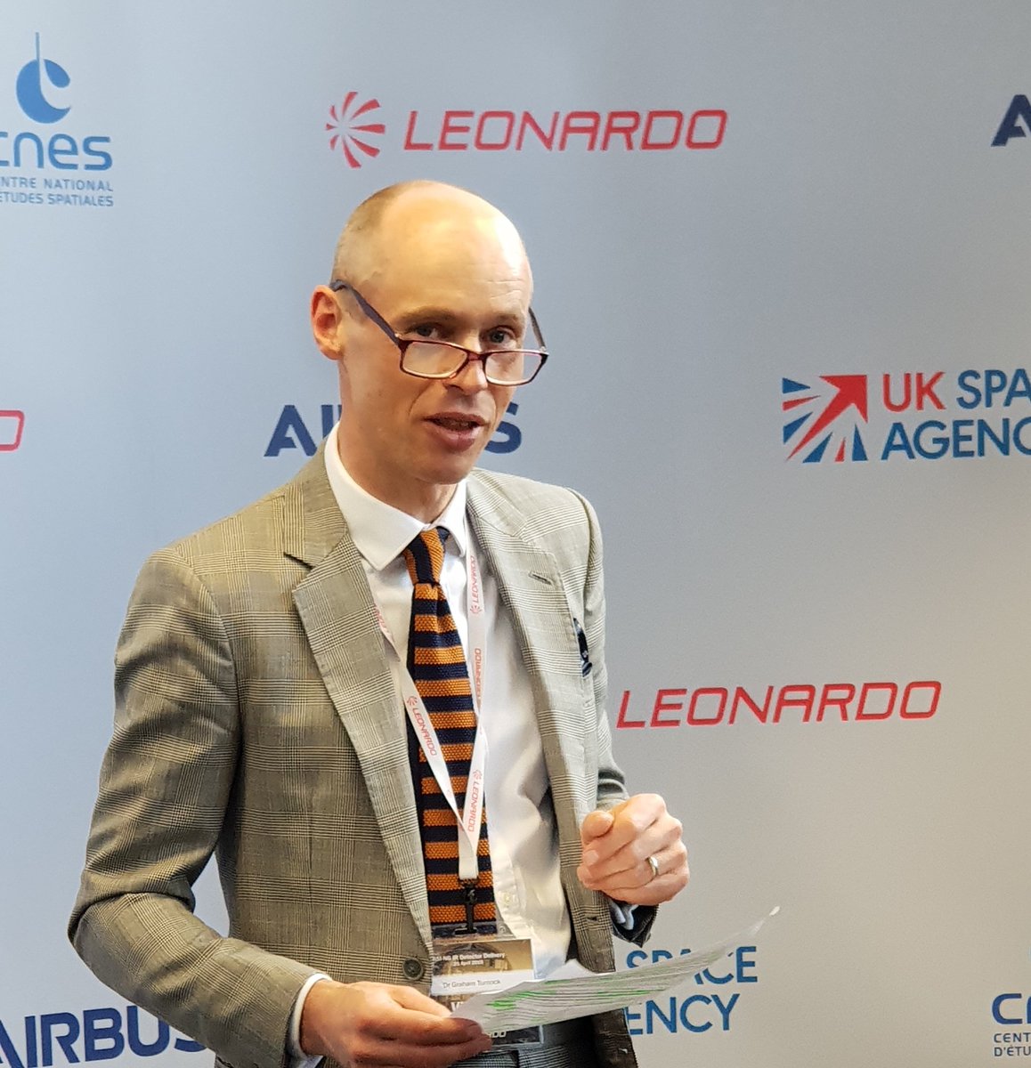 Leonardo_UK's tweet photo. UK Space Agency @spacegovuk CEO Graham Turnock &amp; @CNES Head of EO Alain Gleyzes address guests at delivery of first sensor for #IASI_NG programme. The technology has potential to support future #environmental #science projects thanks to system being highly exportable &amp; adaptable. https://t.co/Nlc8eMFda0
