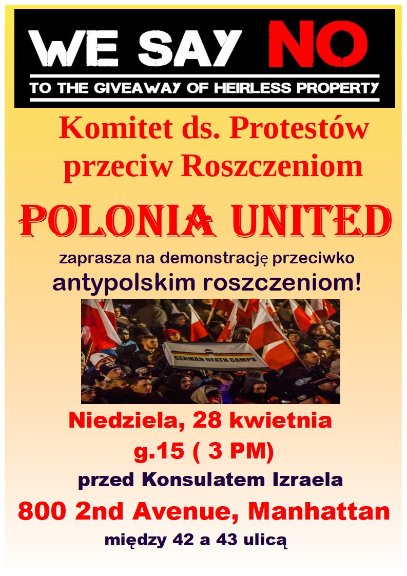 RosowskiWitek's tweet photo. @sbalcerac Druga comiesięczna demonstracja pod Konsulatem Izraela w Nowym Jorku!  Zapraszamy! Niedziela, 28 kwietnia, godz. 3 PM, 2 Aleja między 42 a 43  ulicą. POLONIA UNITED! https://t.co/DCgC1y27va