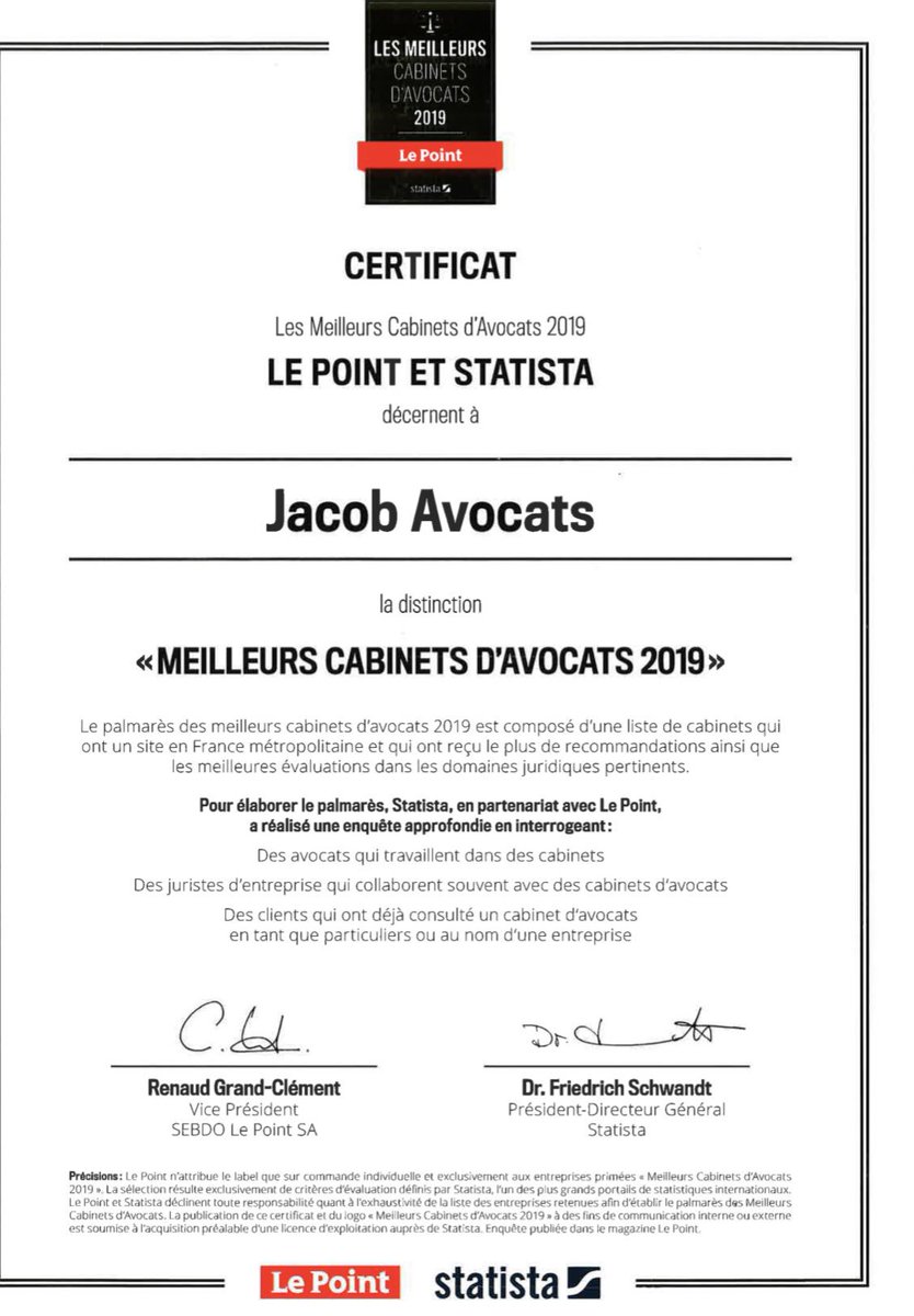 @Lepoint a publié son classement des meilleurs cabinets d'avocats de France !
And guess what ? <a href="/JacobAvocats/">Jacob Avocats</a> est distingué en :
➡️ Compliance
➡️ Droit des des nouvelles technologies
➡️ Droit de la propriété littéraire et artistique
#compliance #legaltech #IntellectualProperty