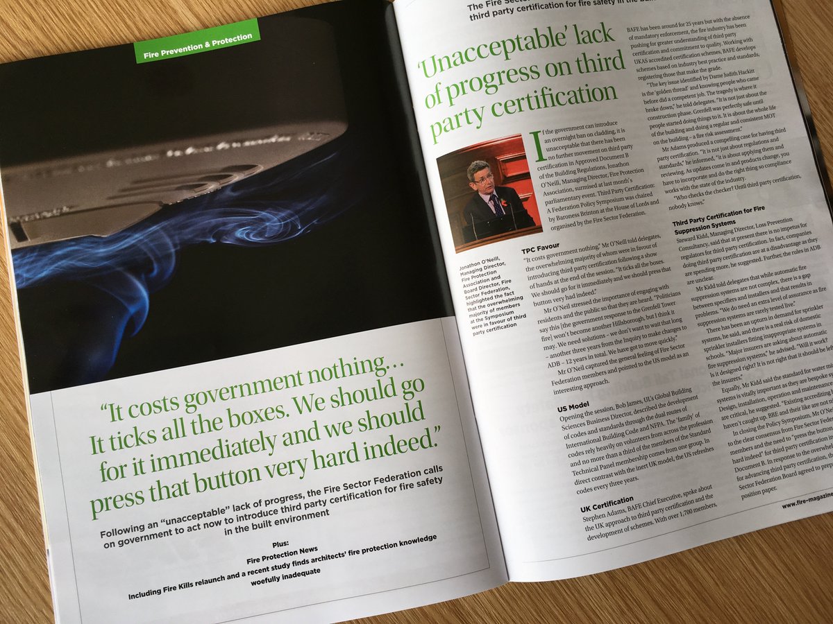 BAFEFIRE's tweet photo. Great article in Fire Magazine discussing last month's FSF Parliamentary Event.

"Following an 'unacceptable' lack of progress, the Fire Sector Federation calls on Government to act now to introduce Third Party Certification for fire safety in the built environment" https://t.co/lLeiOVlwzN