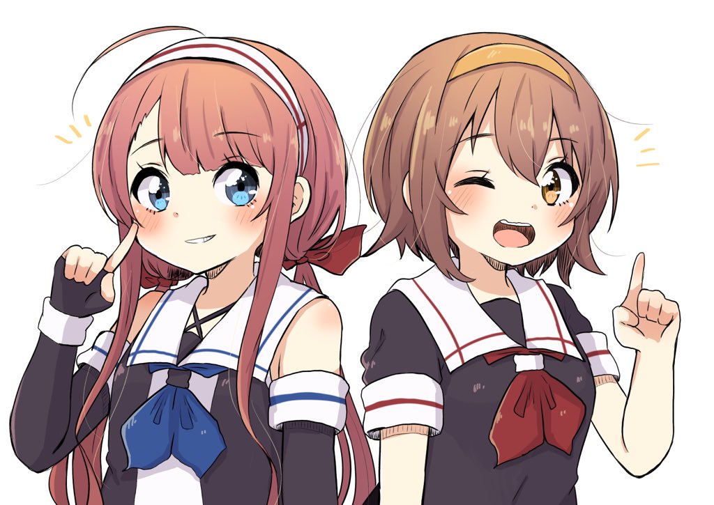 kawakaze (kancolle) ,shiratsuyu (kancolle) multiple girls 2girls hairband gloves school uniform serafuku brown hair  illustration images