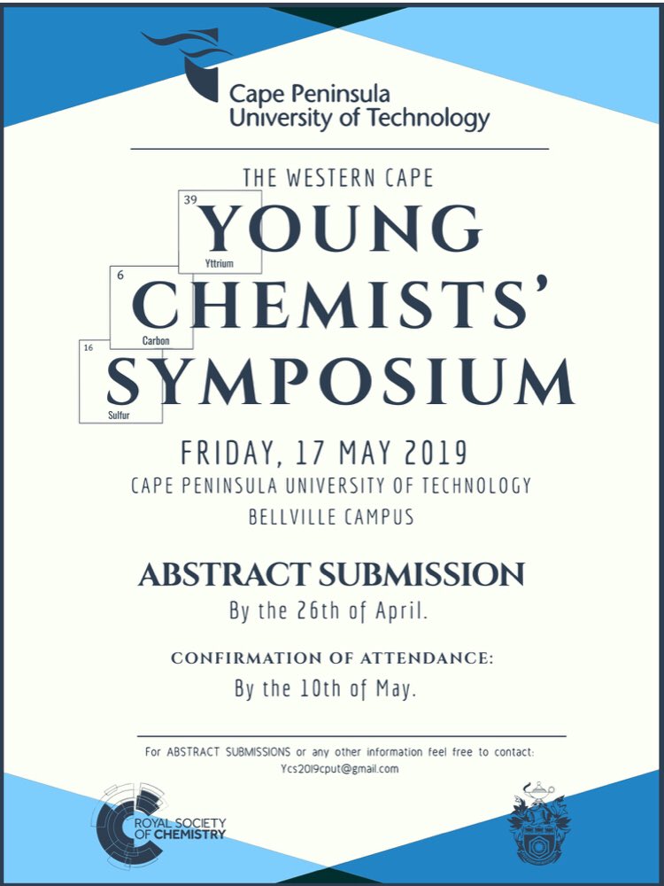 rsc_za's tweet photo. Western Cape Young Chemists Symposium now open for abstracts and registration. Contact ycs2019cput@gmail.com for info. https://t.co/XlSlo1juiy