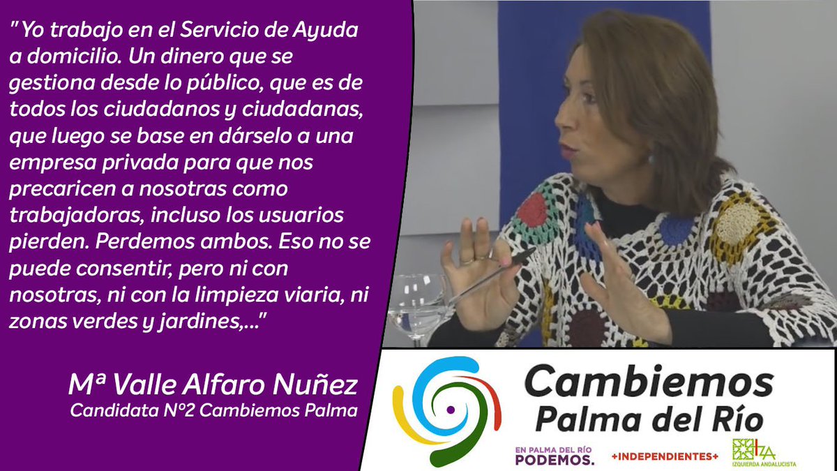 PodemosPdelrio's tweet photo. "Yo trabajo en el Servicio de Ayuda a domicilio. Un dinero que se gestiona desde lo público, que es de todos los ciudadanos y ciudadanas, que luego se base en darselo a una empresa para que nos precaricen a nosotras como trabajadoras, incluso los usuarios pierden. Perdemos ambos" https://t.co/kW8VzC9tez