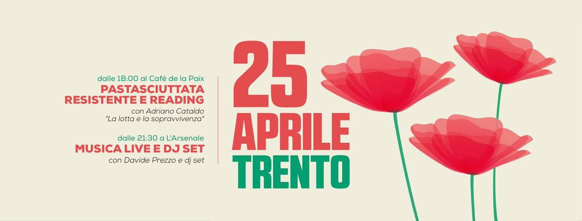 deinataa's tweet photo. Il #25aprile a #Trento non lo ferma certo il brutto tempo. Ecco il programma alternativo per festeggiare tutti insieme questa giornata, questa nostra Festa della Liberazione. ❤️

✮ dalle 18:00 al Café de la Paix Trento 
✮ dalle 21:30 all'Arsenale
#resistenza #partecipazione https://t.co/0HY3J1sSkj