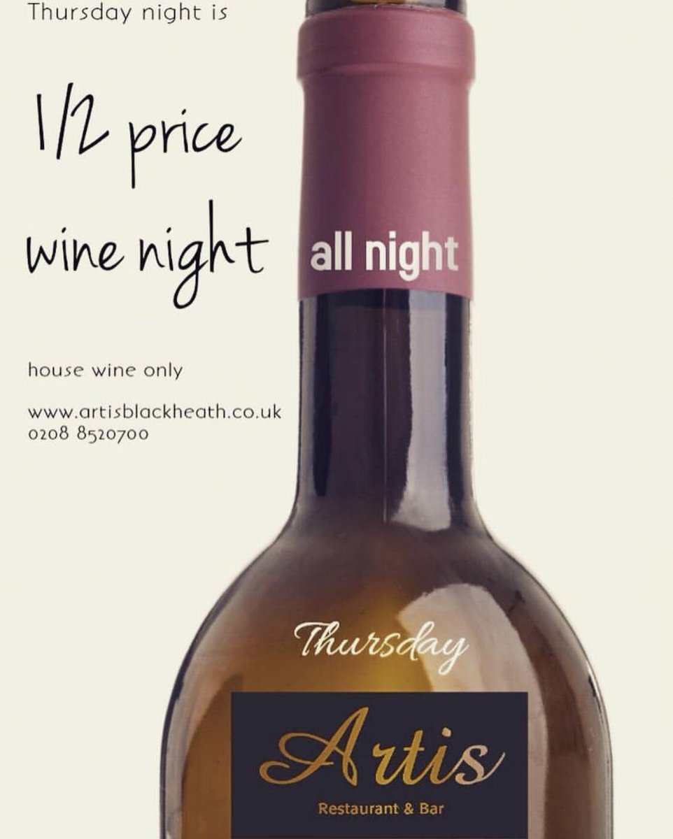 Just in case you didn’t already know!
It’s half price house wine <a href="/artisblackheath/">Artis blackheath</a> tonight!! 🍷🤩 #ThursdayMotivation #thursdayvibes #artisblackheath #restaurant #bar #wine #cocktail #goodfood #happyhour #blackheath #london