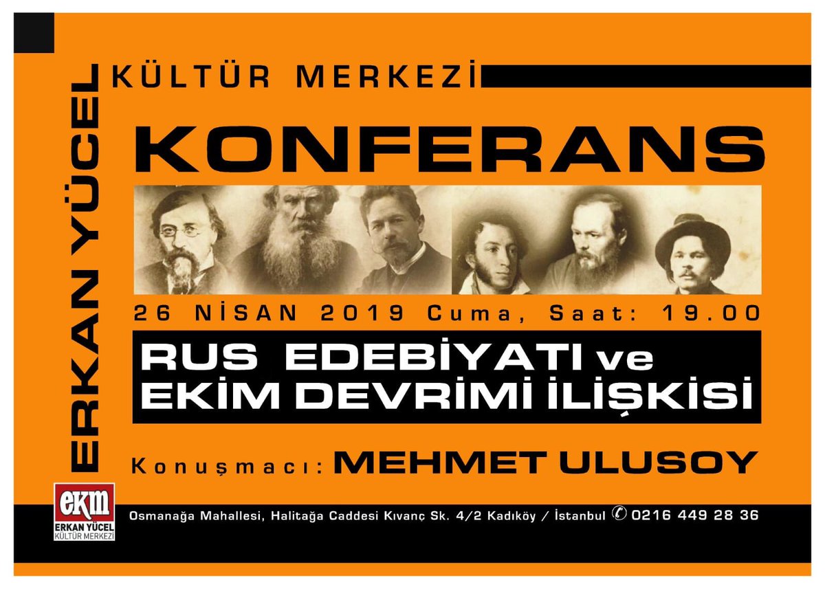 Rus Edebiyatı ve Ekim Devrimi İlişkisi konulu konferansımıza tüm halkımız davetlidir.

👤Konuşmacı: Mehmet Ulusoy
🏠Yer: Erkan Yücel Kültür Merkezi
📆Tarih: 26 Nisan 2019 Cuma
⏰Saat: 19:00

#Kadıköy #Edebiyat #sanat #devrim