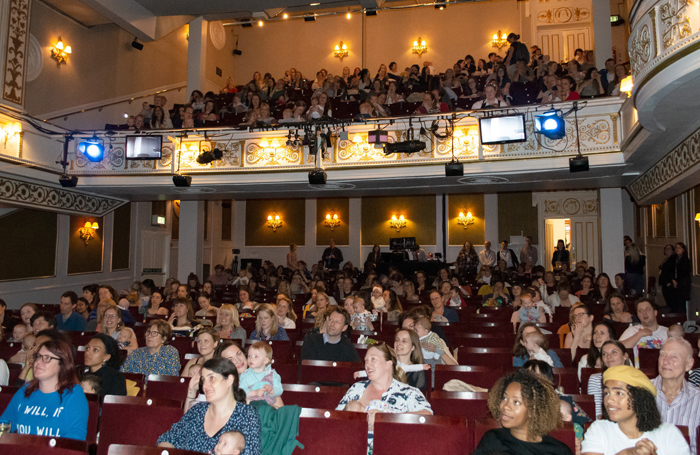 TheStage's tweet photo. The West End’s first parent and baby performance was attended by 182 adults and 173 babies, with producers hailing the performance of @emiliatheplay “vibrant and happy”. Producer Nica Burns said she would be prepared to stage more https://t.co/vfsHgMRbND https://t.co/9uRiAJUv4N