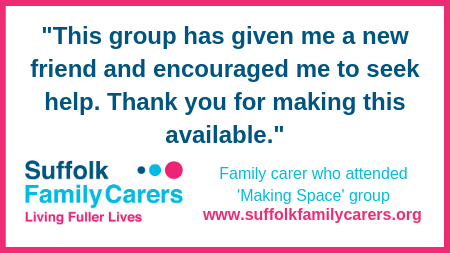 suffolkcarers's tweet photo. What amazing feedback from a #familycarer who attends our Making Space group specifically for those caring for someone with a mental health illness... if you care for someone, why not contact us to see how we can support you? #ThursdayMotivation #SFCimpact https://t.co/bsjQIrKh6y