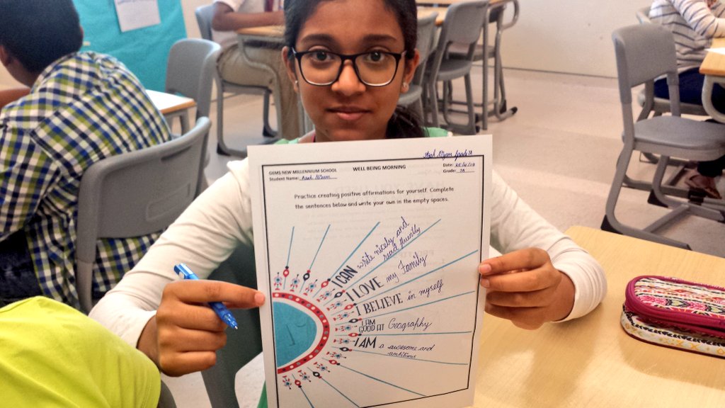 StellaLadislaus's tweet photo. #GNMSMiddleSchool students of grade 7 reflecting on positive affirmation statements #wellbeingsession @gemsnms_alkhail @Fatima_Martin @JayarajVenetia @ChristineDeNor1 @rilben10 @sonujac @Zahra_Gari https://t.co/l3glFbVjxw