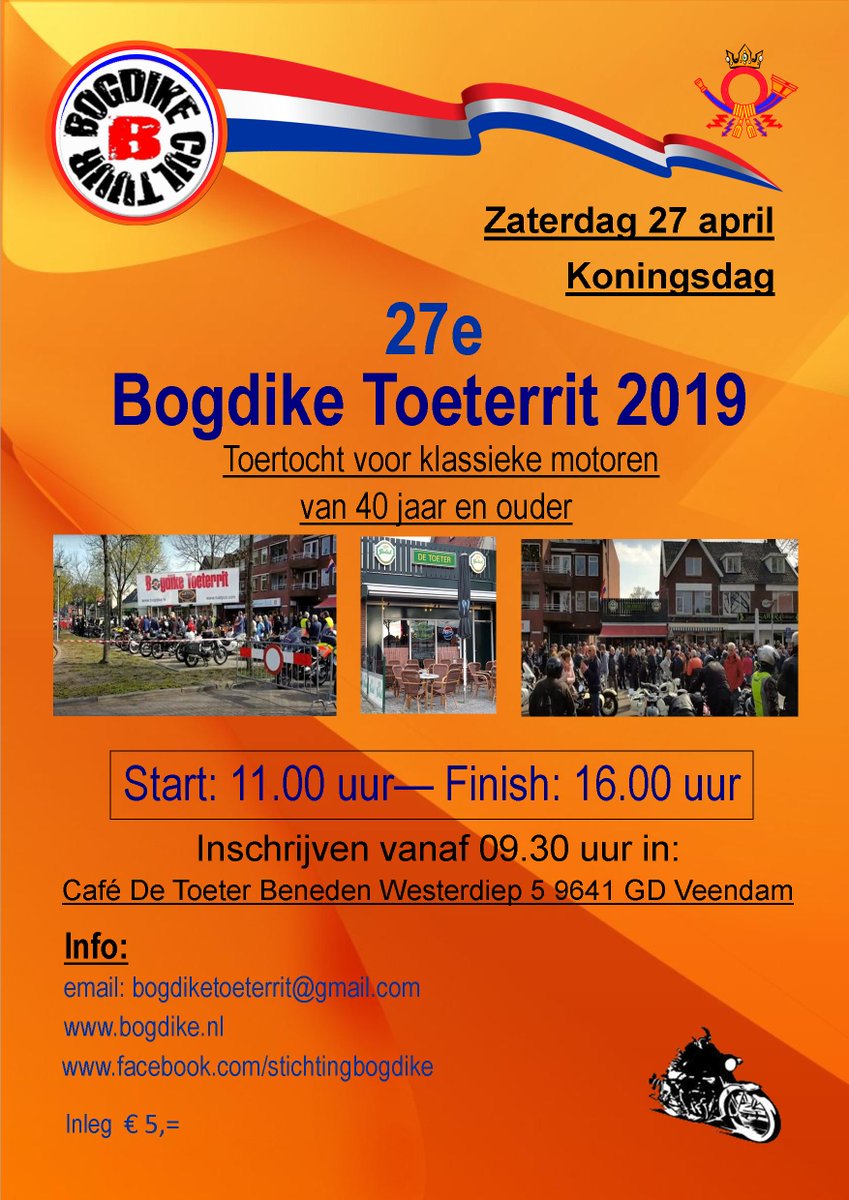 Koningsdag Veendam. Café de Toeter. 11.00 uur start van de 27e <a href="/bogdike/">Bogdike</a> Toeterrit.  Inschrijven vanaf: 09.30 uur bij Café de Toeter.