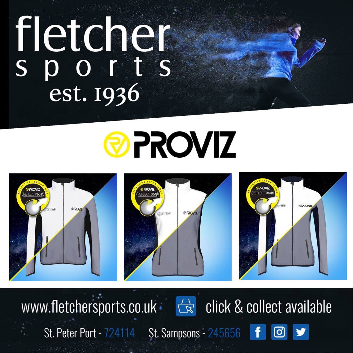 * NEW IN *

Fletcher Sports now stocks Proviz running jackets. Highly reflective and feather-light, the REFLECT360 jacket and gilet are super-comfortable and will help you stand out on the road when it's dark. Come in store to have a look and try one.