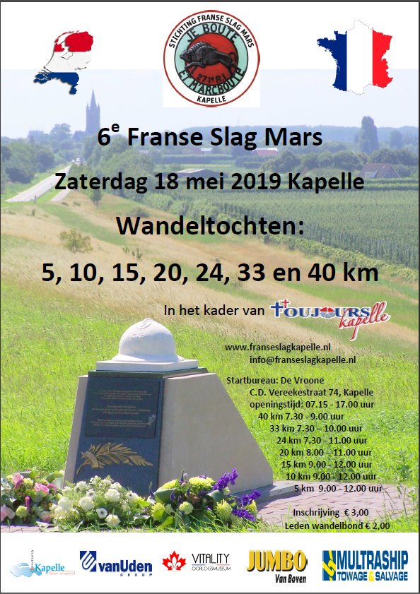 Zaterdag 18 mei is er weer de Franse Slag Mars in Kapelle, u kunt weer kiezen uit verschillende afstanden van 5 tot 40 km start is bij Dorpshuis de Vroone in Kapelle meer info op franseslagkapelle.nl  @St_DE4DAAGSE <a href="/viavierdaagse/">Via Vierdaagse</a> <a href="/StiVitality/">Vitality STI</a> @AntonStapelkamp <a href="/ToujoursKapelle/">ToujoursKapelle</a>