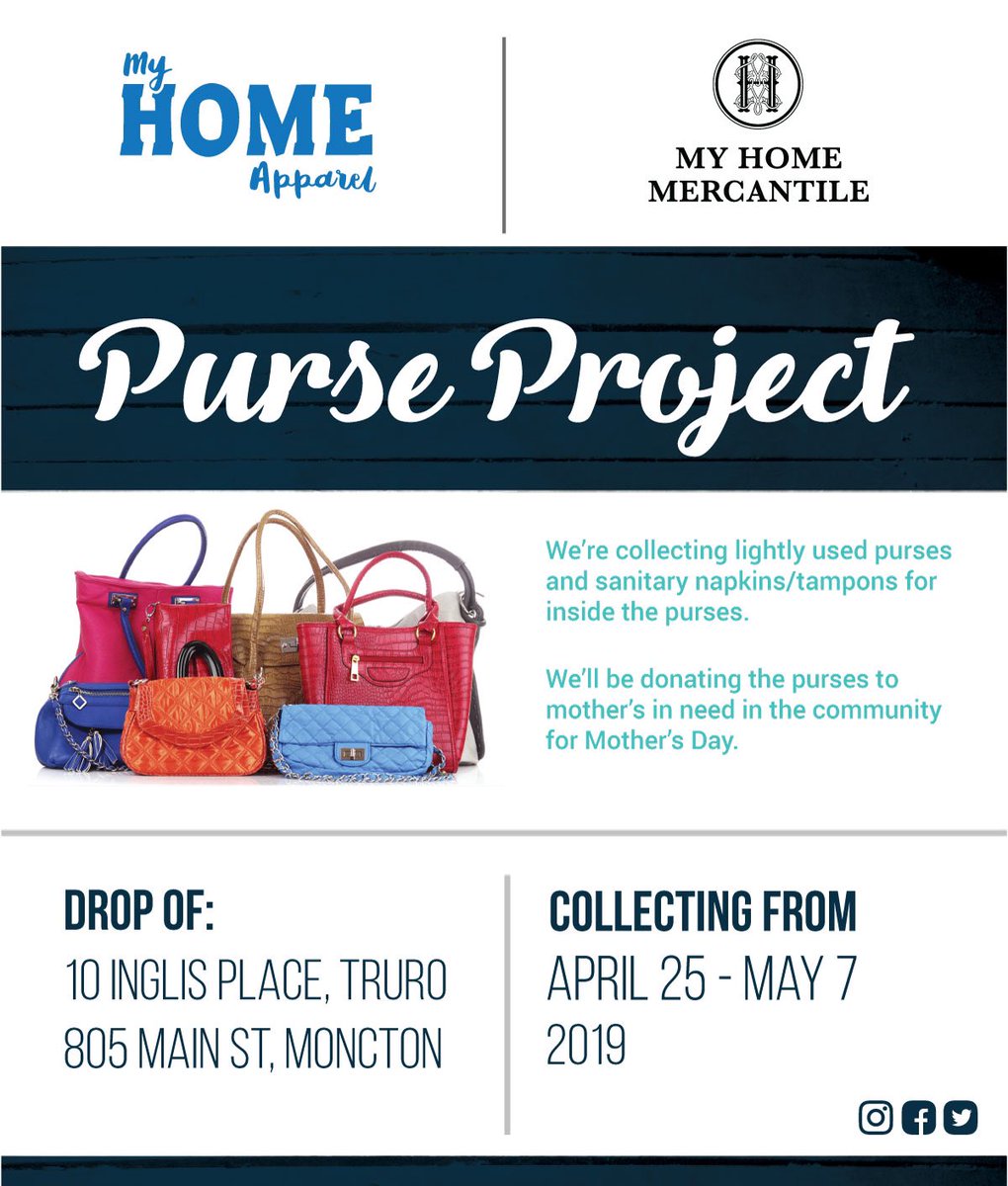 MyhomeApparel's tweet photo. Our 3rd annual #purseproject has begun where we collect lightly used purses to distribute to women in need in our communities. This year, we’re specifically addressing period poverty and collecting sanitary napkins to go inside. Add in a personal note and then donate!❤️ https://t.co/UWJRx0zor6