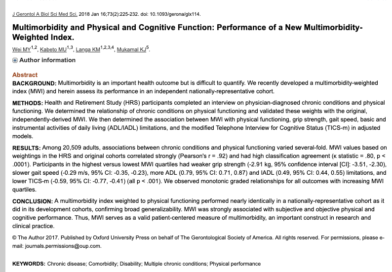 nxtstop1's tweet photo. More ––––Longevity and #Healthspan–– #HealthyYears / #UnhealthyYears in #Aging

A #curatedthread 

#Multimorbidity - Quantifying It's Impact on Mental and Physical Health
@GeriPalBlog Melissa Wei 
https://t.co/cspKel3D1Y)

👍A #MWI based on functioning &amp; condition /disease burden https://t.co/jOnQxTIKVy
