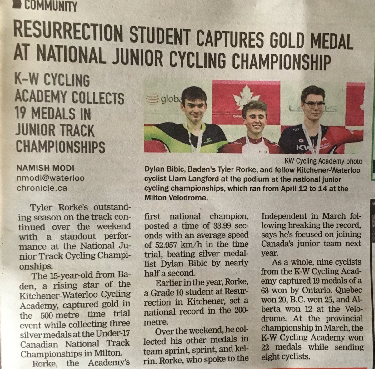 Goody2112's tweet image. Local media helps KW Cycling Academy get more “Kids on Bikes”
Tyler’s National Championship at Milton helps!
Great article to raise the profile of Cycling in ⁦@citywaterloo⁩ ⁦@CityKitchener⁩ ⁦@ToyoTiresCanada⁩ ⁦⁦@StarbucksCanada⁩ ⁦@GHD_NAmerica⁩