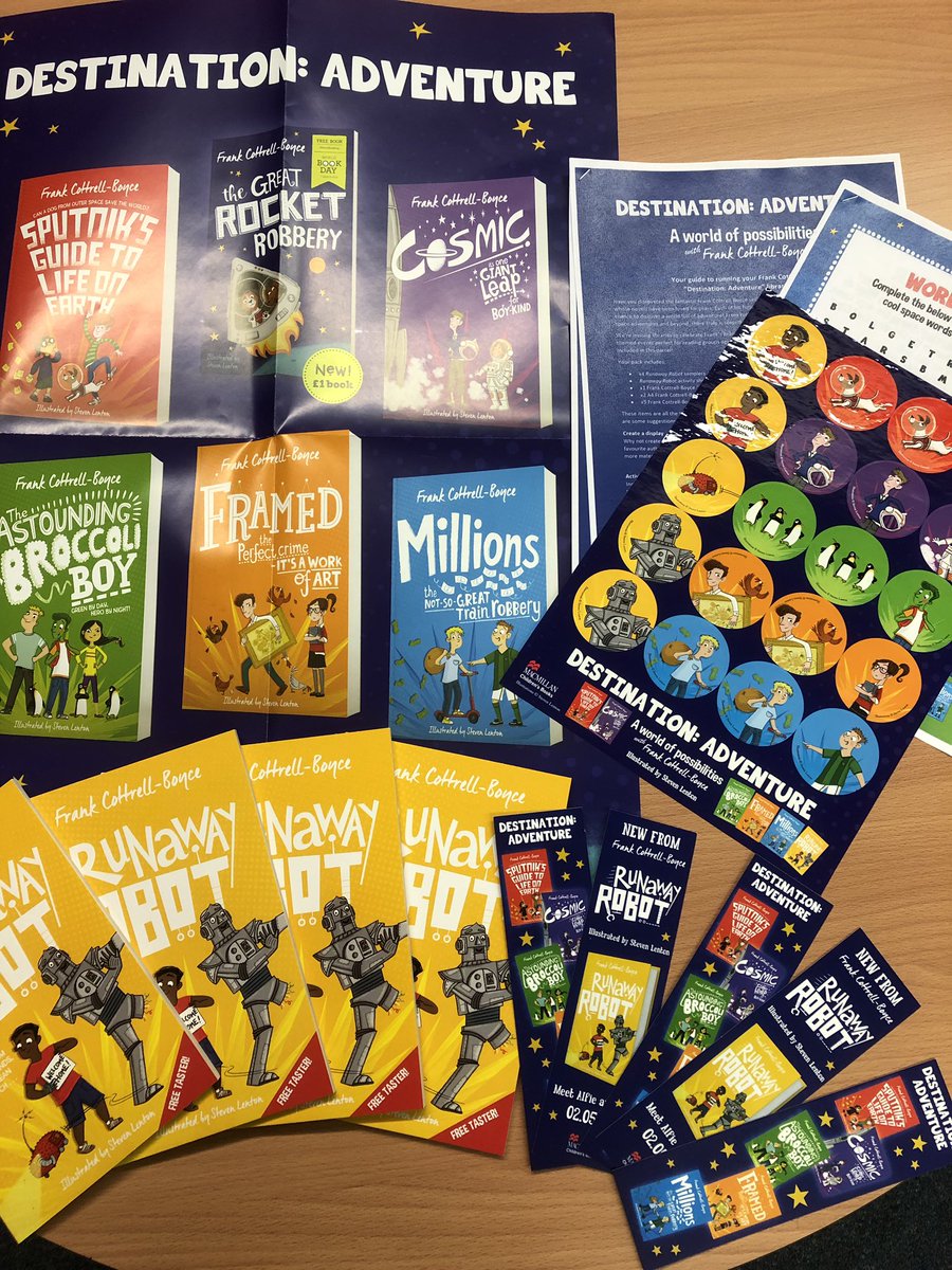 TCA_LRC's tweet photo. Thank you @readingagency @MacmillanKidsUK for this fab @frankcottrell_b #DestinationAdventure pack. Can’t wait to read the #RunawayRobot sampler and share all this with our students! https://t.co/4sNYcZ8Zp2