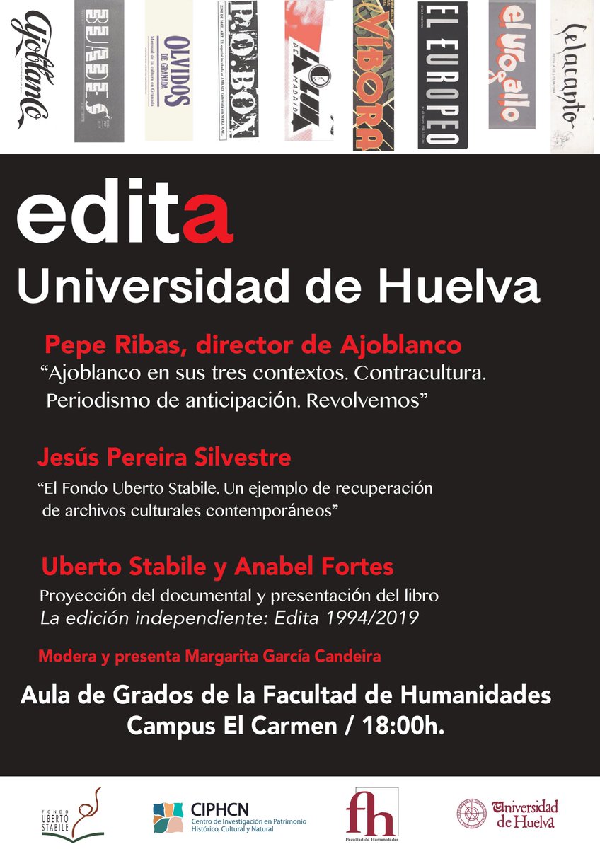 Humanidades_UHU's tweet photo. EDITA UNIVERSIDAD. Colaboramos con la celebración de los 25 años de EDITA que desarrolla Uberto Stabile. Mesa redonda con Pepe Ribas, director de la mítica @revistajoblanco, @anabelfortes, Jesús Pereira, Uberto y @MargaGCandeira. Visita a exposición incluida. https://t.co/0lkknYAKhZ