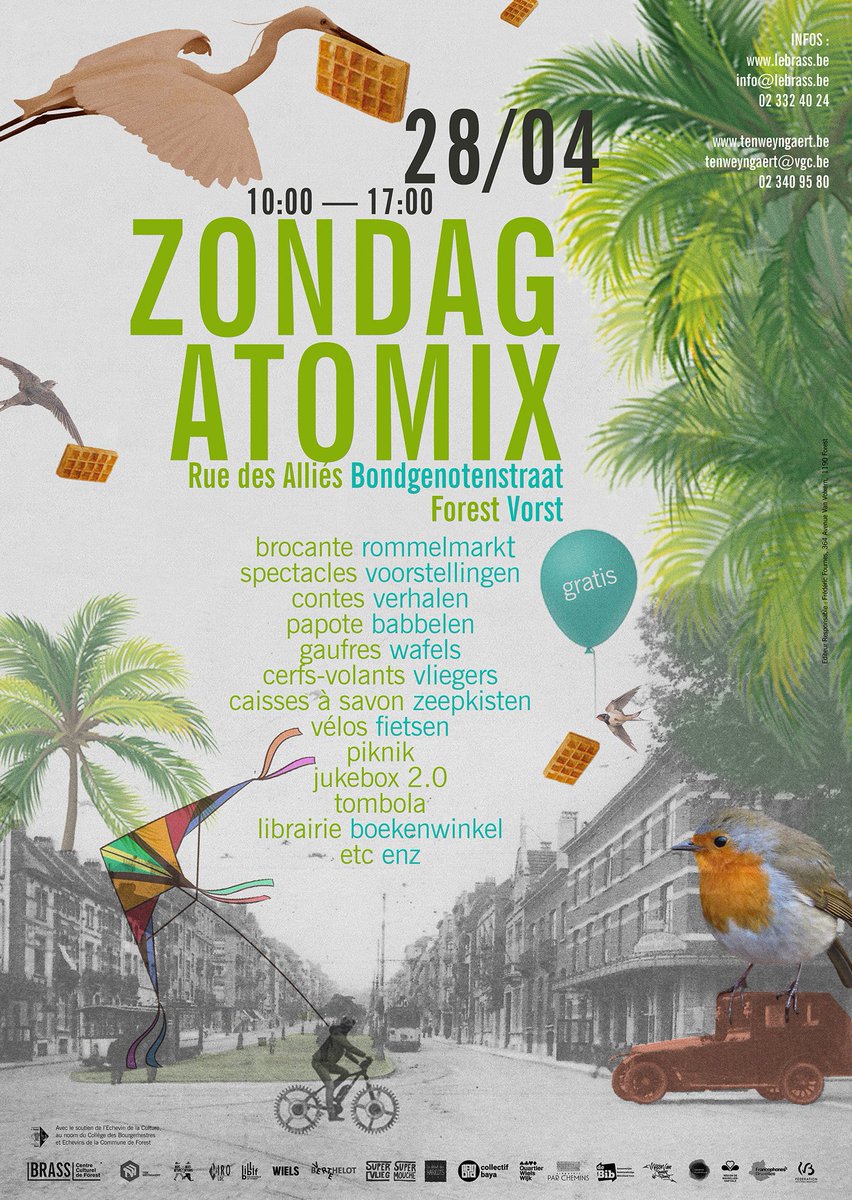 #Fête | Une journée créative en plein air pour tous les âges? Rendez-vous le 28/04, Rue des Alliés à Forest #1190be pour #ZondagAtomix2019! À vos côtés, des végétaux, de la musique et des créatures imaginaires envahissent le béton 😜

En savoir plus ➡️ lebrass.be/event/zondag-a…