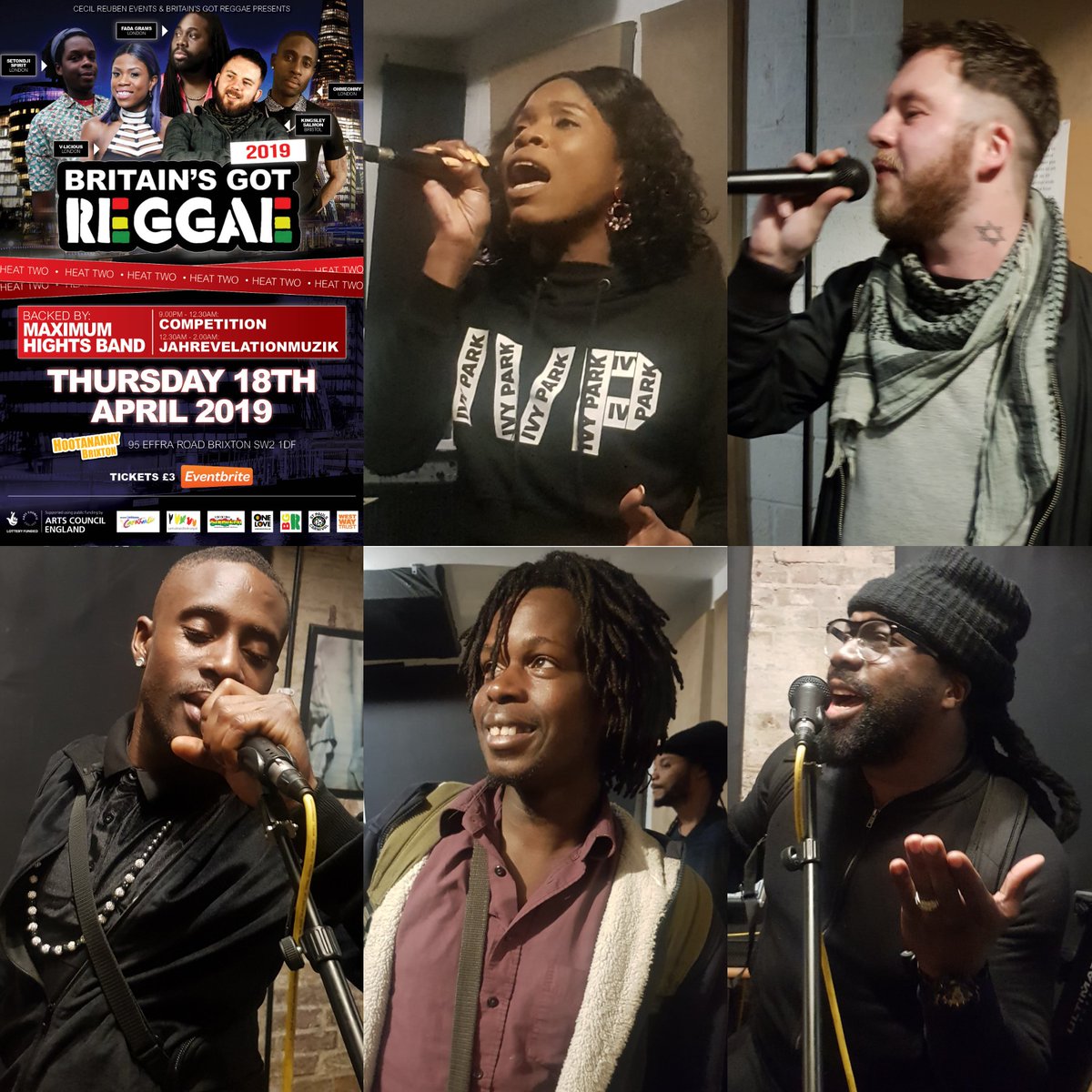 BGReggae's tweet photo. This weeks rehearsals with our Heat 2 cobtestants for BRITAIN'S GOT REGGAE HEAT 2 that us taking place at Hootananmy, 95 Effra Road, Brixton SW2 1DF.
Doors open 9pm
showtime Heat 2 10.30pm
Sound Sysyem 12.30am.
£3 usual reggae night entry fee.
#bgreggae #bgr2017 #reggaemusic https://t.co/JCAXu1Isdl