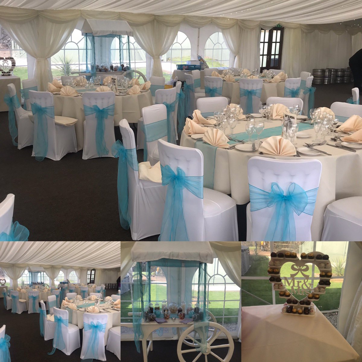 Beautiful aqua set up. Candy cart looked amazing. <a href="/RingwoodHall/">Ringwood Hall Hotel & Spa</a>  #weddingdecor #chaircovers #candycart #derbyshirewedding #weddingday #weddings #weddingplanner #venuedresser