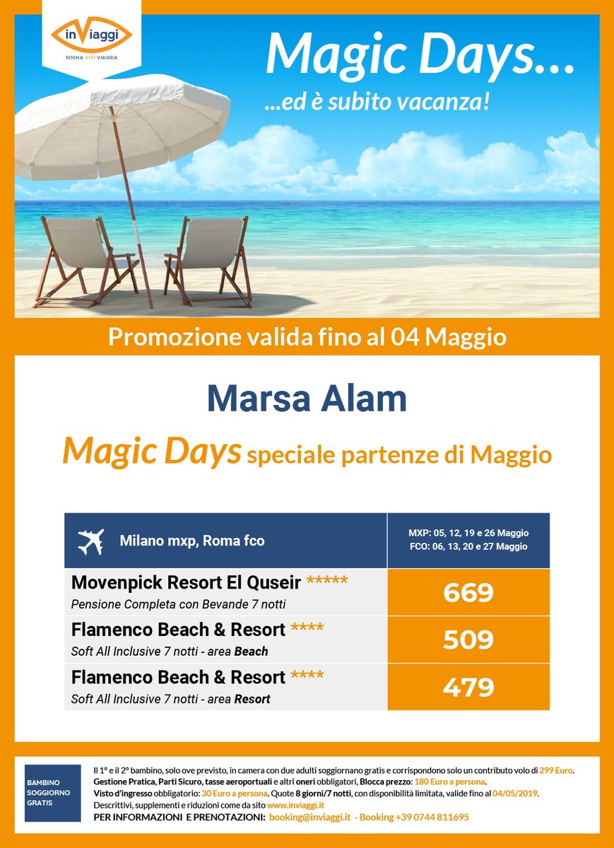 InViaggi's tweet photo. Approfitta dei ✳️ MAGIC DAYS ✳️ di InViaggi Tour Operator

Fino al 4 Maggio tanti SCONTI e PROMOZIONI per te!
🌊✈️🌞🏖️

#travel #lastminute #summer #estate2019 https://t.co/9nGxjdnKWt