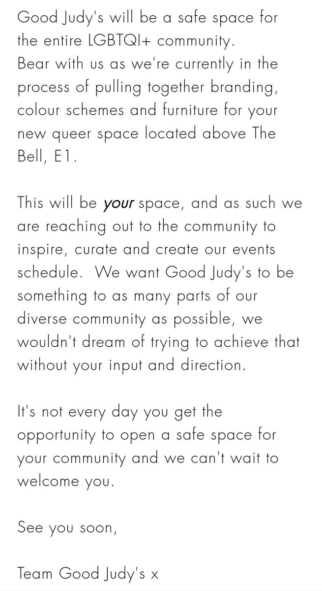 🚨WE'RE OPENING JUNE 2019🚨

The new landing page for Good Judy's is live and we're now taking event submissions and want to here from anyone under the LGBTQI rainbow who would like to use the space.

Head over to goodjudys.co.uk