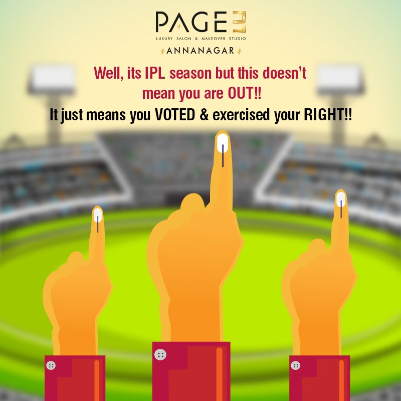 Page3Annanagar's tweet photo. Don't take a back seat, its your country. VOTE TODAY for a #Betterfuture !! #voteindia #vote #elections #poll 
Reach us @ +91-72008 09809 to book appointments. #page3salon #kerastase #skeyndor #loreal #opinailpaint #luxurysalon #annanagar #bestsalon #stylecut #creativecolour https://t.co/OhzRNKzf6W