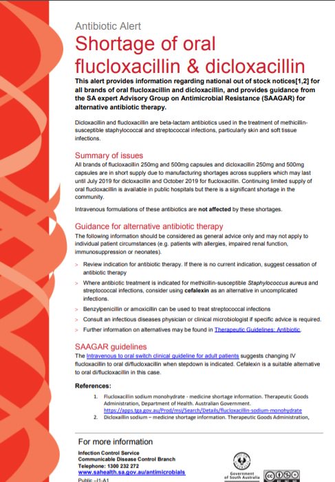 Guidance regarding the nationwide flucloxacillin and dicloxacillin shortage now available on the SAAGAR webpages #AntimicrobialShortages #flucloxacillin #dicloxacillin <a href="/SAHealth/">SA Health</a>  sahealth.sa.gov.au/antimicrobials