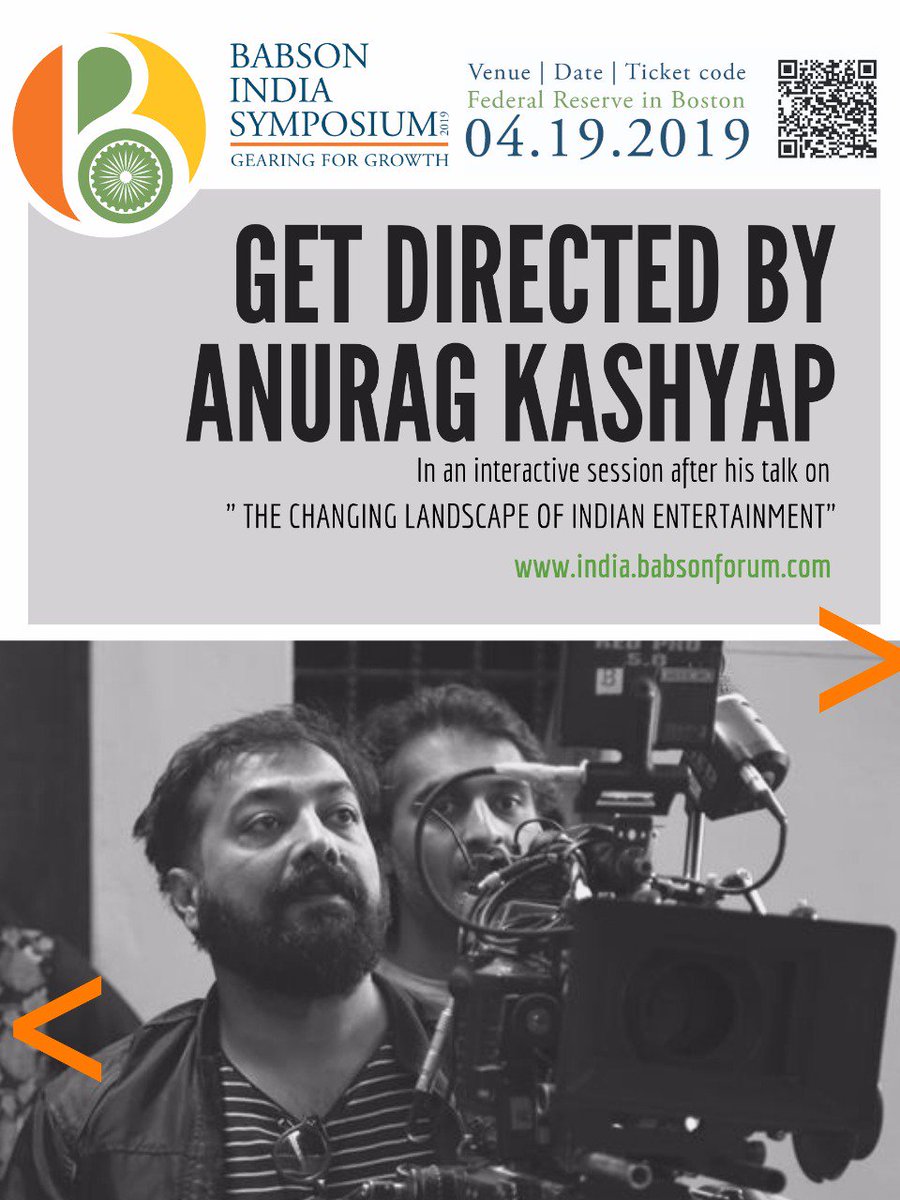 How often does this happen? A movie making workshop with <a href="/anuragkashyap72/">Anurag Kashyap</a> at <a href="/BabsonIndia/">BabsonIndiaSymposium</a> , coming up this Friday! Get your tickets now, scan the bar code: bit.ly/2PapREQ #anuragkashyap #gearingforgrowth #indiancinema #filmography #indianfilmindustry #thingstodoinboston