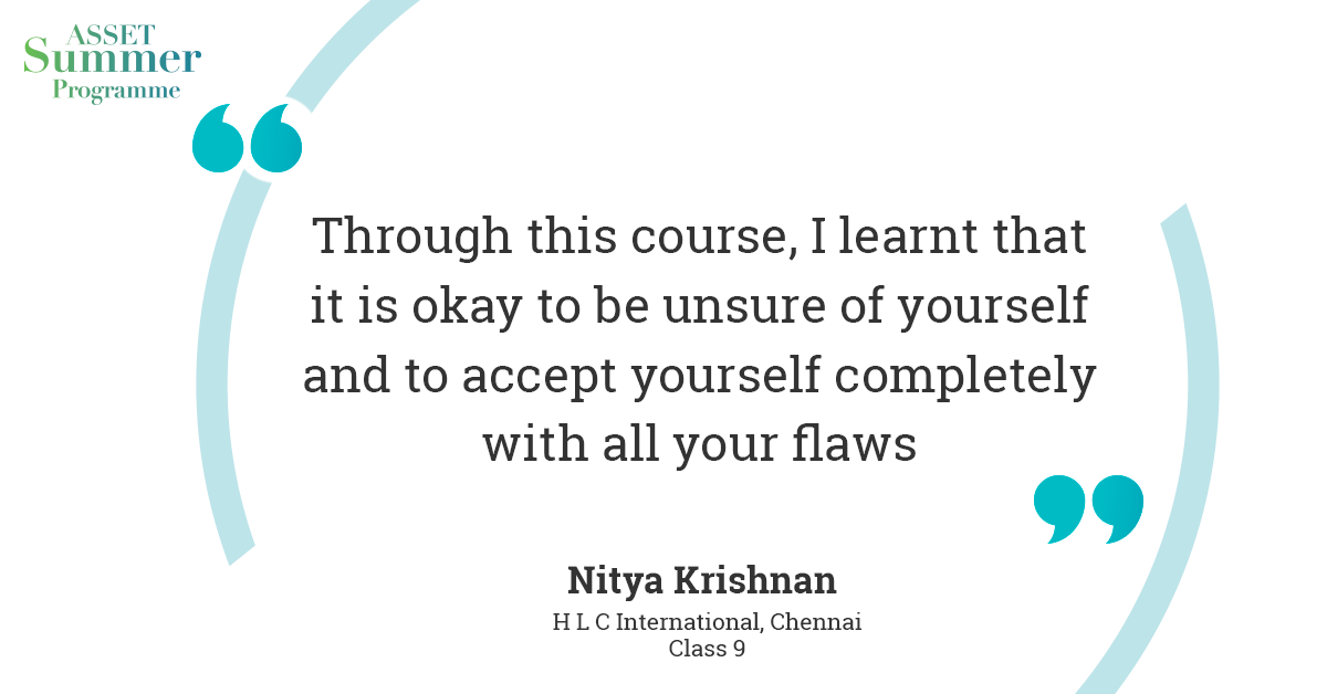eistudy1's tweet photo. Nitya Krishnan, who was a part of ASSET Summer Programme 2018’s EQ Edge course, talks about how she learnt to recognise her own underlying emotions.

#ASSETSummerProgramme #IndiasMostGifted https://t.co/IfC84Uio3J