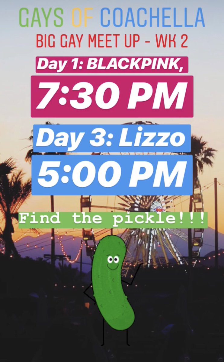 GaysofCoachella's tweet photo. @ygofficialblink @lizzo THE GAYS ARE COMING TO SEE U!!!!  #coachella #gaysofcoachella #BLACKPINK #Lizzo #findthepickle #coachellaweekend2 #pickle #gays #lgbt #lgbtq #queen #yaaaas https://t.co/3BGgVOwGPs